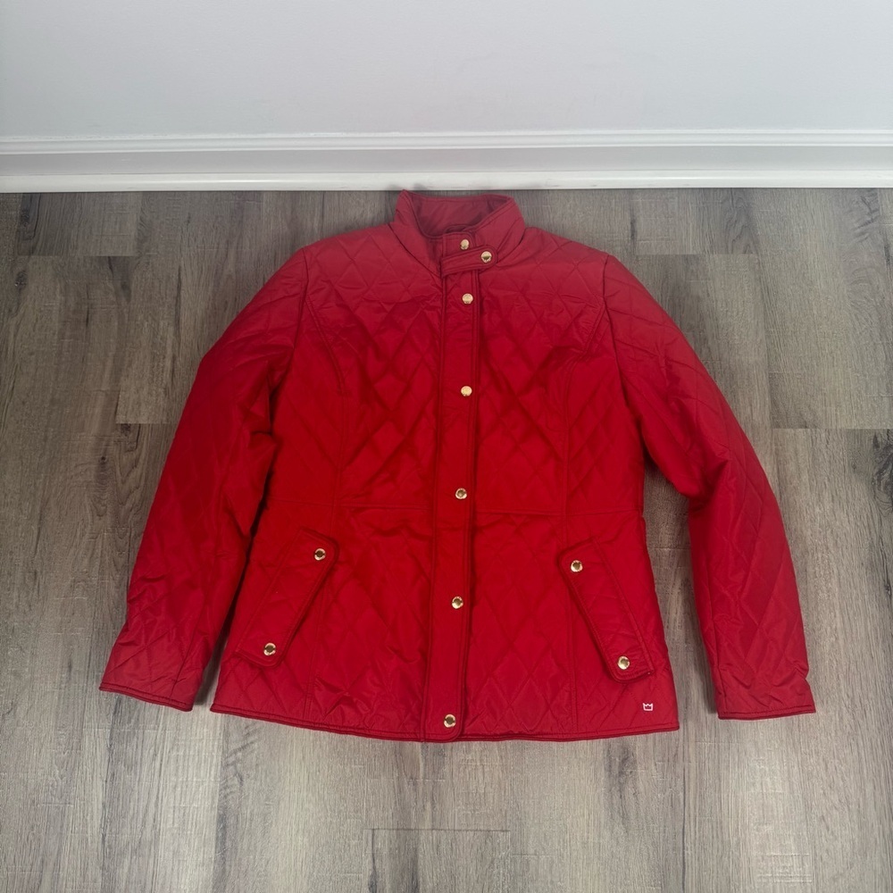 Crown & Ivy Quilted Barn Coat Women’s Large Red Gold Classic Preppy Timeless